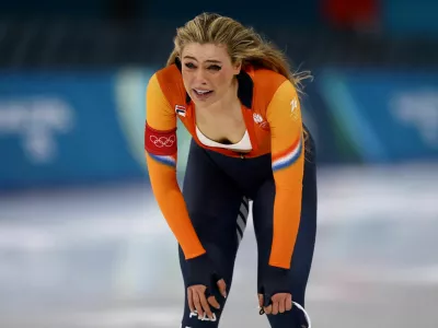 Milano Cortina 2026 Olympics - Speed Skating - Women's 1000m - Milano Speed Skating Stadium, Milan, Italy - February 09, 2026. Jutta Leerdam of Netherlands reacts to her Olympic record time and winning the women's 1000m race. REUTERS/Yves Herman