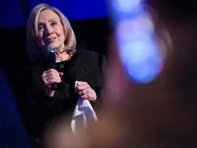 Former U.S. Secretary of State Hillary Clinton speaks at the Cinema for Peace & Democracy gala, in Berlin, Monday, Feb. 16, 2026. (Britta Pedersen/dpa via AP)