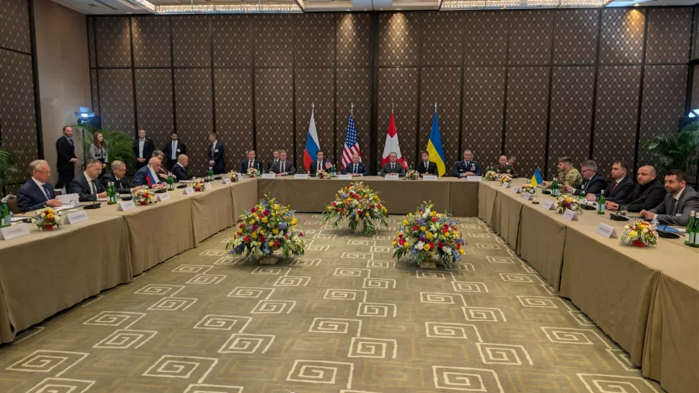Delegations from Ukraine, Russia and the United States wait for the start of a meeting on the first day of the third round of trilateral talks, amid Russia's attack on Ukraine, in Geneva, Switzerland, February 17, 2026. Press service of the National Security and Defence Council of Ukraine/Handout via REUTERS ATTENTION EDITORS - THIS IMAGE HAS BEEN SUPPLIED BY A THIRD PARTY. NO ARCHIVES. NO RESALES