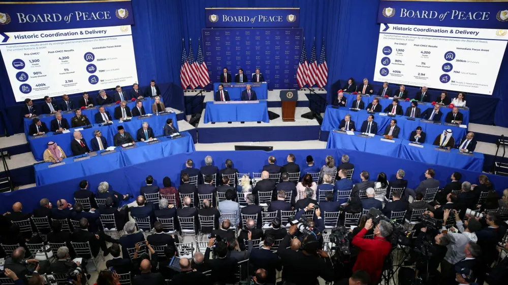 U.S. President Donald Trump, Vice President JD Vance, Secretary of State Marco Rubio, Donald Trump's son-in-law Jared Kushner and U.S. Special Envoy Steve Witkoff attend the inaugural Board of Peace meeting at the U.S. Institute of Peace in Washington, D.C., U.S., February 19, 2026. REUTERS/Kevin Lamarque