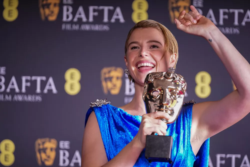 Jessie Buckley poses with the award for leading actress for 'Hamnet' at the 79th British Academy Film Awards, BAFTA's, in London, Sunday, Feb. 22, 2026. (AP Photo/Alastair Grant)