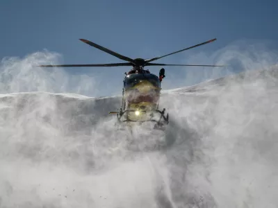 A Securite Civile helicopter (emergency management) lands at the Alpe d'Huez altiport rescue station, French Alps, after dropping off members of the CRS Alpes Grenoble mountain rescue team for an avalanche emergency response rescue mission on January 29, 2026.,Image: 1070577629, License: Rights-managed, Restrictions:, Model Release: no