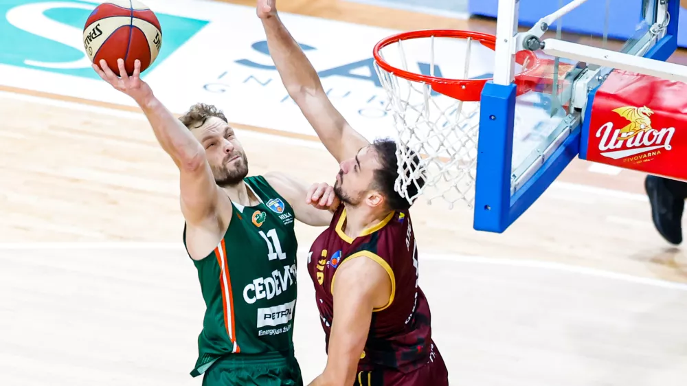 Jaka Blažič in action during AdmiralBet ABA League 2025/2026 basketball match between Cedevita Olimpija (SLO) and Bosna BH Telecom (BiH) in Tivoli Hall, Ljubljana, Slovenia on December 13, 2025