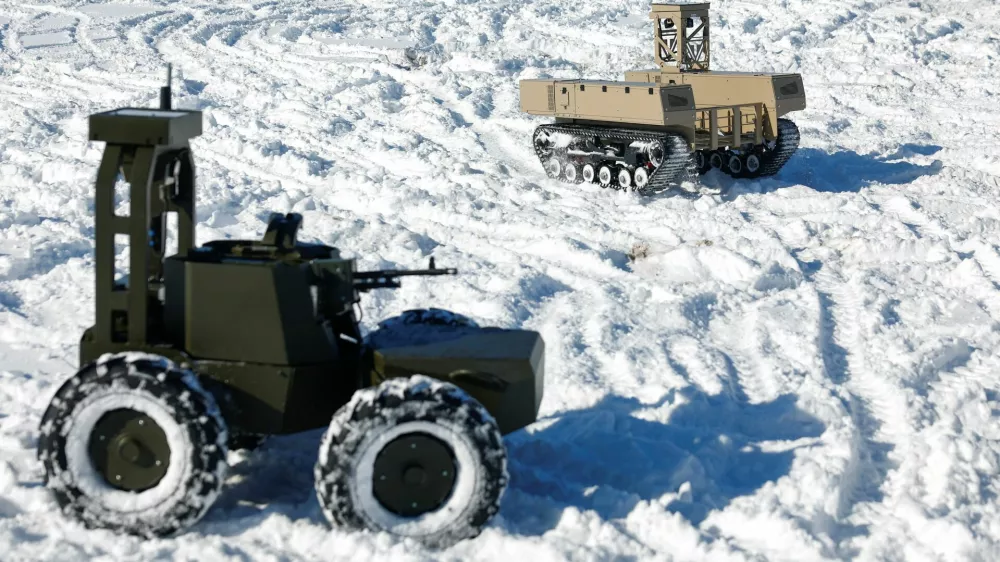 Unmanned ground vehicles in action during an exhibition of Ukrainian drone makers, amid Russia's attack on Ukraine, in an undisclosed location, Ukraine February 20, 2026. REUTERS/Valentyn Ogirenko