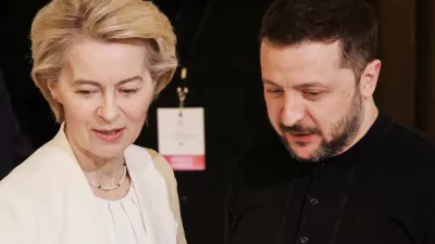 Ukraine's President Volodymyr Zelenskyy, right, and European Commission President Ursula von der Leyen participate in the so-called "Coalition of the willing" summit at the Elysee Palace, Thursday, March 27, 2025. (Ludovic Marin, Pool via AP)