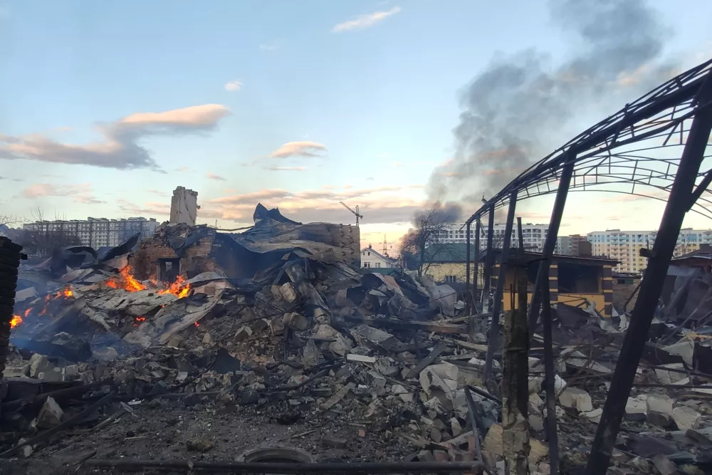 27 February 2022, Ukraine, Bucha: A&nbsp;view of houses destroyed by Russian army shelling. Russia launched a full-scale attack on Ukraine on Thursday, 24 February 2022, shelling cities and bases with airstrikes or shells. Photo: -/Ukrinform/dpa