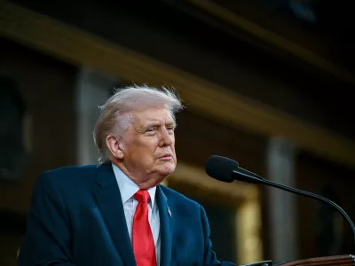 President Donald Trump delivers the State of the Union address to a joint session of Congress in the House chamber at the U.S. Capitol in Washington, Tuesday, Feb. 24, 2026. (Kenny Holston/The New York Times via AP, Pool)