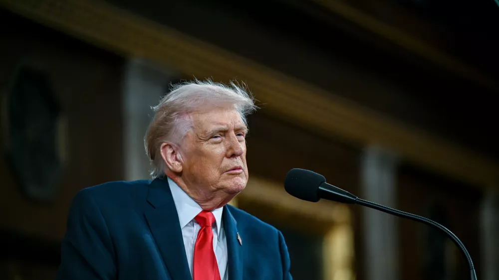 President Donald Trump delivers the State of the Union address to a joint session of Congress in the House chamber at the U.S. Capitol in Washington, Tuesday, Feb. 24, 2026. (Kenny Holston/The New York Times via AP, Pool)