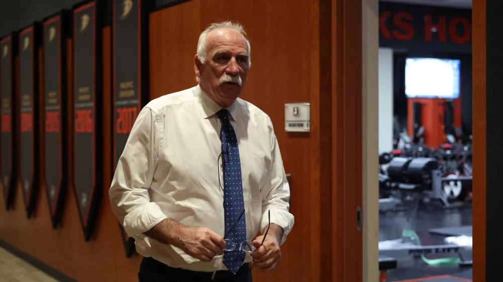 Feb 25, 2026; Anaheim, California, USA; Anaheim Ducks head coach Joel Quenneville walks on a hallway after winning his 1,000th career coaching victory with a 6-5 win over the Edmonton Oilers at Honda Center. Mandatory Credit: Kiyoshi Mio-Imagn Images