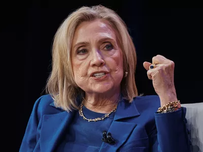 FILE - Former U.S. Secretary of State Hillary Clinton speaks during the Clinton Global Initiative, Sept. 24, 2025, in New York. (AP Photo/Andres Kudacki, File)