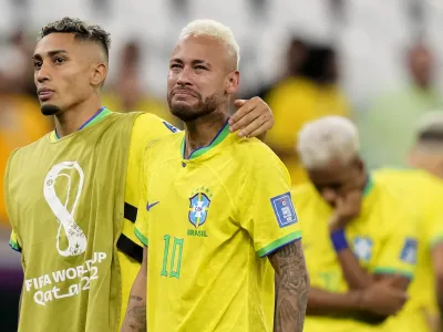 Brazil's Neymar cries at the end of the World Cup quarterfinal soccer match between Croatia and Brazil, at the Education City Stadium in Al Rayyan, Qatar, Friday, Dec. 9, 2022. (AP Photo/Darko Bandic)