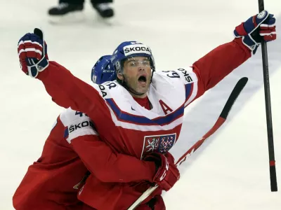 Jaromir Jagr (R) of the Czech Republic celebrates with his teammate Michal Jordan after scoring a goal against Finland during their Ice Hockey World Championship quarterfinal game at the O2 arena in Prague, Czech Republic May 14, 2015. REUTERS/David W Cerny