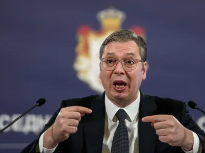 Serbian President Aleksandar Vucic speaks during a public address in Belgrade, Serbia, Thursday, March 16, 2023. EU foreign policy chief Josep Borrell said Thursday that he would convene the next high-level meeting between Vucic and Kosovo Prime Minister Albin Kurti in Ohrid, North Macedonia, on March 18. (AP Photo/Darko Vojinovic)