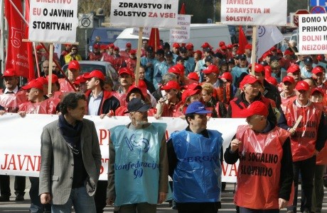 Protestni shod sindikatov leta 2007, v ospredju Branimir Štrukelj, Boris Mazalin, Dušan Rebolj in Dušan Semolič.