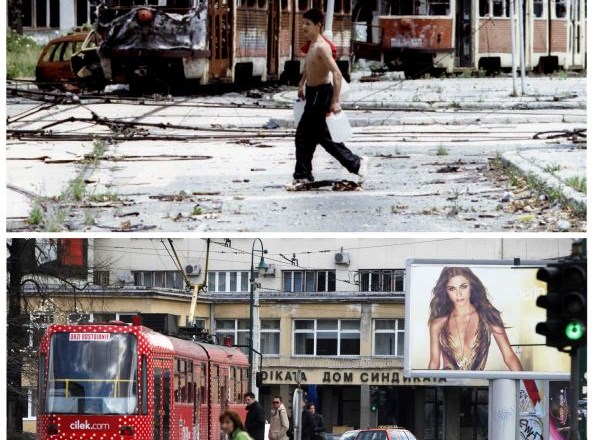 Na zgornji fotografiji, posneti 22.6.1993, sarajevski najstnik nosi kanistre vode čez trg Skenderija, za njim pa so uničeni...