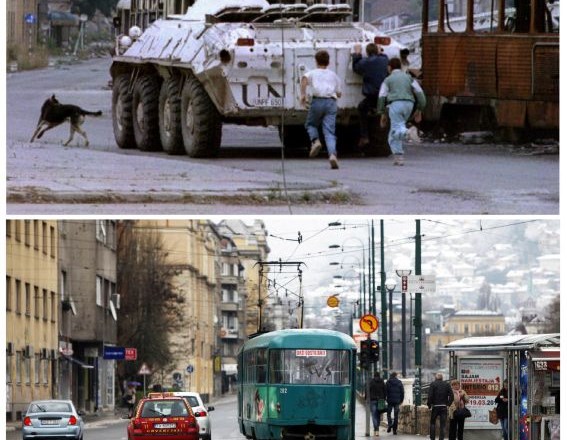 Na zgornji fotografiji z 10.8.1993 trije fatiči tečejo za ukrajinskim oklepnikom ZN, ko se ta pomika mimo požganega tramvaja...