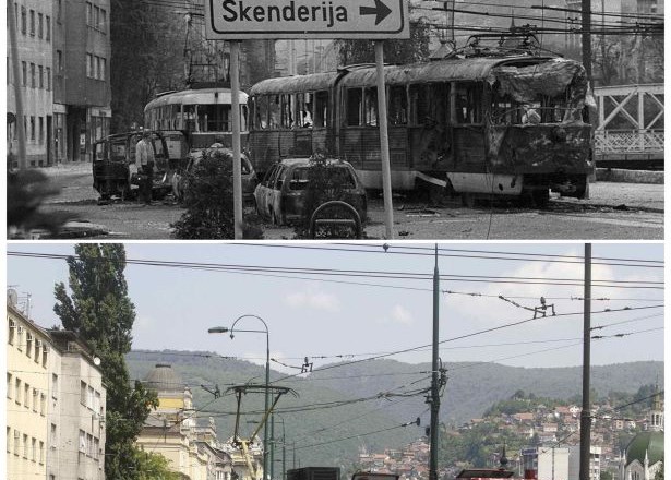Razbitine tramvaja na ulici v okrožju Skenderija marca 1992. Na spodnji fotografiji je isti kraj dvajset let pozneje.