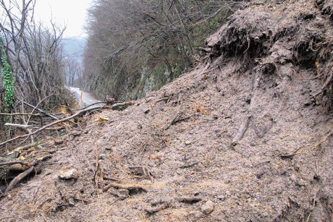 Velika gmota kamenja in zemlje ter dreves je zasula občinsko cesto Kobarid–Drežnica in od doline začasno odrezala 600...
