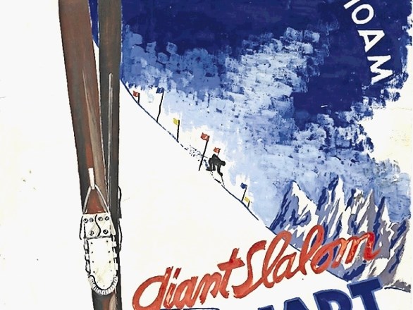 Originalen plakat (avtor Arnold Holeywell, arhiv James Knowlton), s katerim so vabili na prvo gorsko tekmo v smučanju. 