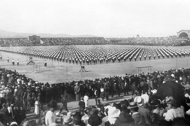 Telovadna površina na prvem stadionu v Ljubljani je bila tako velika, da je lahko na njej stalo približno 5000 telovadcev. 