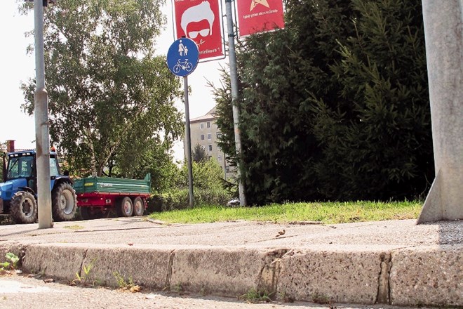 Prometni znak na pločniku pri semaforiziranem križišču v Brežicah sicer govori, da je namenjen tako pešcem kot kolesarjem,...