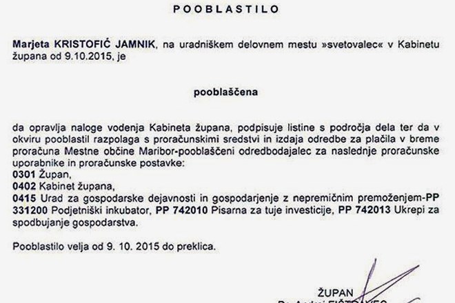 Županovo pooblastilo nakazuje, da je Andrej Fištravec prevzel tudi pristojnosti, ki  po funkciji pripadajo direktorju mestne...