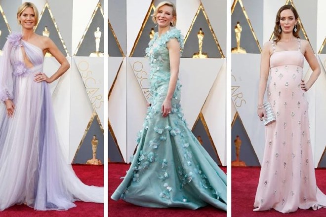 Heidi Klum (L), Cate Blanchett in Emily Blunt prisegajo na bolj lahkotne, nežne barvne tone. Foto: REUTERS