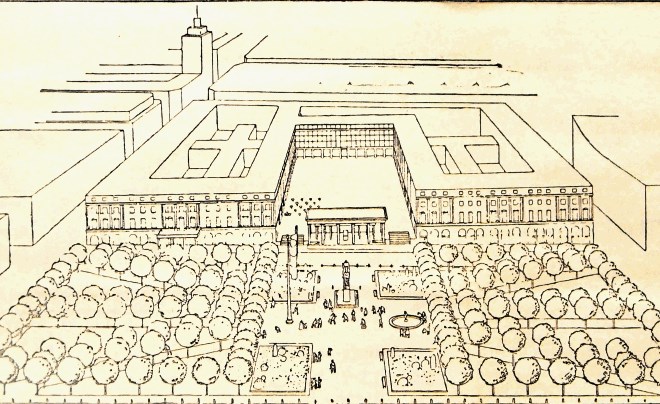 Pogled na Južni trg preko Kongresnega trga po Plečnikovem načrtu, objavljenem v Slovencu leta 1940.