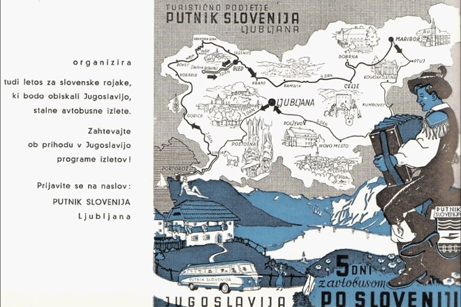 Oglas za petdnevni avtobusni izlet po Sloveniji, ki ga je za izseljence  leta 1958 organiziralo turistično podjetje Putnik...