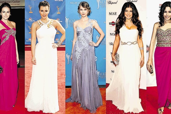 Zvezdnice v kreacijah znamke Marchesa (od leve proti desni:) Freida Pinto, Kim Kardashian, Taylor Swift, Fergie in Camilla...