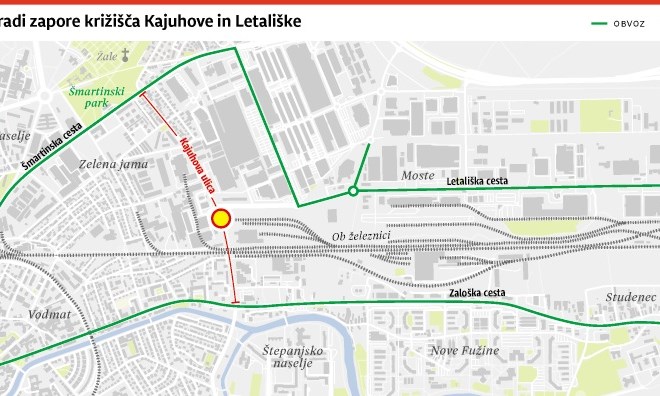 Križišče Kajuhove in Letališke ceste bo zaradi gradbenih del zaprto do nedelje
