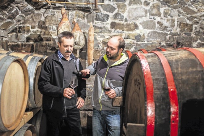 Ivan  Jamšek s sinom Markom v njihovi kleti, ki je  v  Mančah že od leta 1887; še vedno hranijo tudi lesen sod za vino iz...