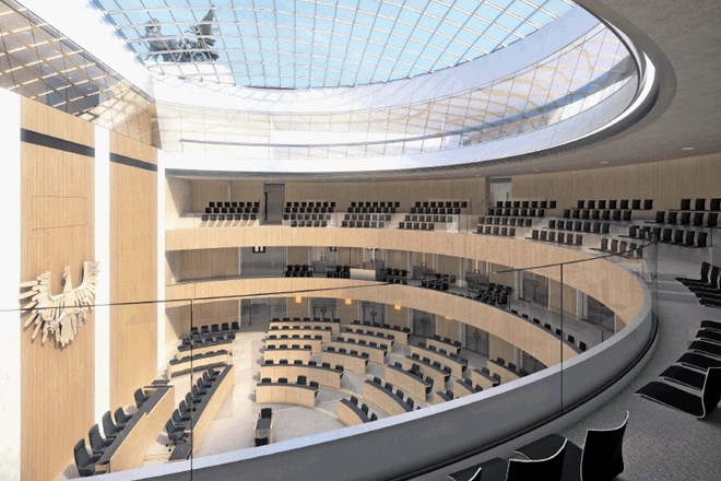 Pogled z galerije na bodočo plenarno dvorano poslanskega doma avstrijskega parlamenta
