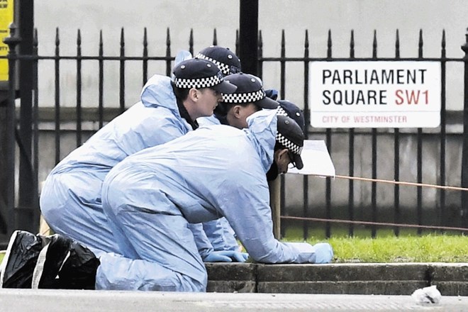 Forenziki skrbno pregledujejo pločnik pred poslopjem britanskega parlamenta, kjer se je v sredo zgodil napad. AP