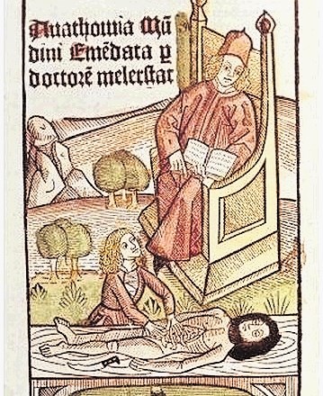Lesorezna upodobitev kirurga Mondina iz leta 1493 (nastala torej več kot 170 let po njegovi smrti) kaže lik, ki po Mondinovih...