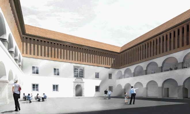 Skupina avtorjev zmagovalne arhitekturne rešitve z Mino Hiršman in Urošem Rustjo na čelu je v prenovljenem ižanskem gradu...