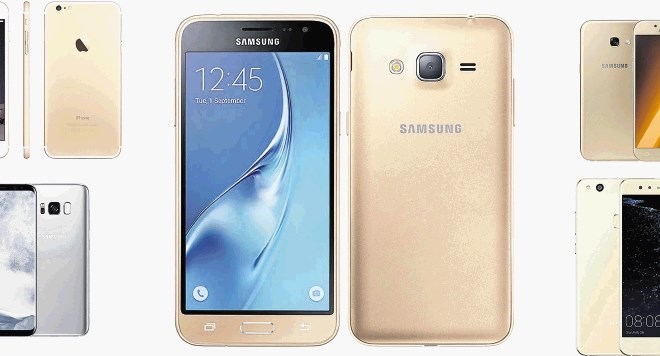 Samsung galaxy J3 2016 (v sredini), iphone 7 (levo zgoraj), samsung galaxy s8 (levo spodaj), samsung galaxy a5 2017 (desno...