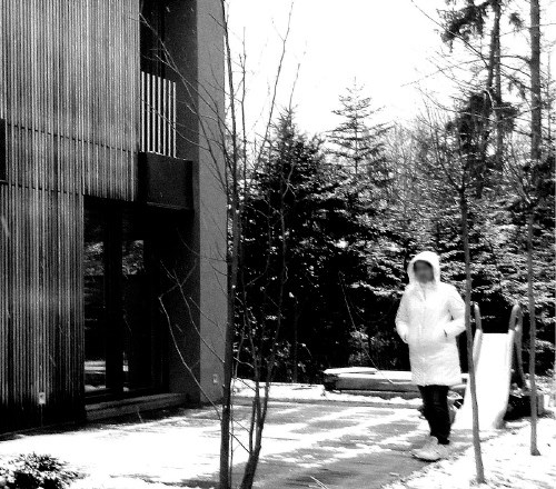 Prej in pozneje: hišni portal smo stilsko uskladili s sivo formo nadstreška, leseno fasado pa ponovili s stenskimi senčili,...