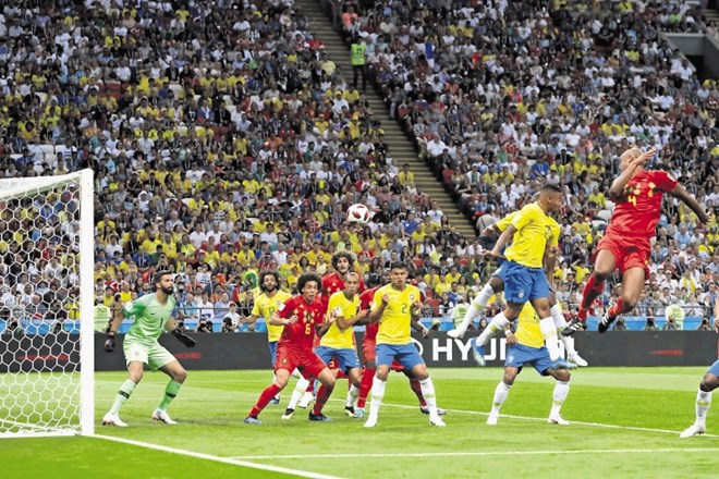 Brazil's Fernandinho, obscured, scores an own goal during the quarterfinal match between Brazil and Belgium at the 2018...