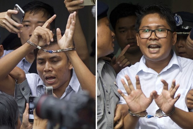 Obsojena novinarja, Wa Lon na desni in Kyaw Soe na levi.