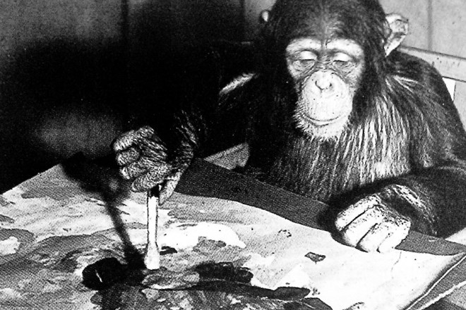 Šimpanz Congo, prebivalec londonskega živalskega vrta, je v 50. letih s svojimi slikami postal prava senzacija.