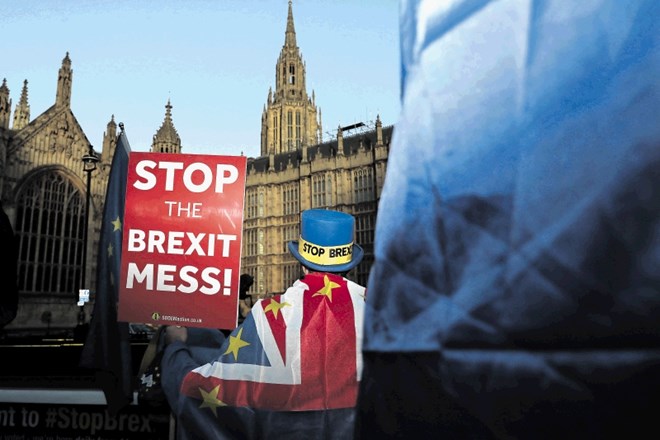 Protestnik pred poslopjem britanskega parlamenta s svojim napisom trdi isto, kar Mayevi očitajo številni poslanci, celo iz...