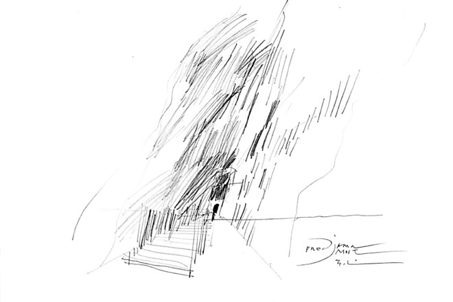 Konceptualna skica mostu; dialog strukture mostu s tisočletnimi lisami mahov in apnenčastimi sledmi v skalah