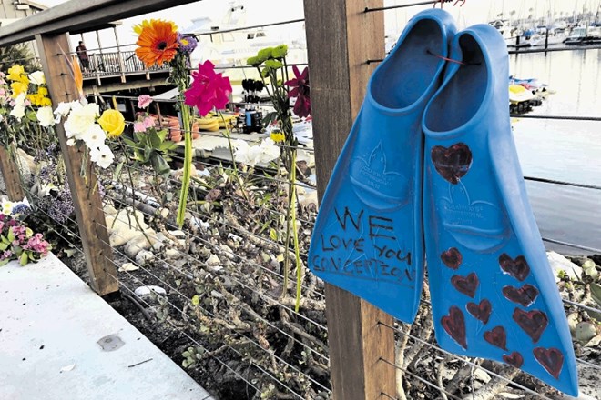 V bližini kraja tragedije je nastal nekakšen oltar žrtvam, ki ga krasijo rože in plavutke z napisom »Radi te imamo,...