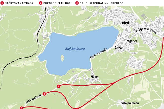 Medtem ko načrtovana trasa južne razbremenilne ceste na Bledu vodi skozi naselje Mlino, alternativna predloga trase ohranjata...