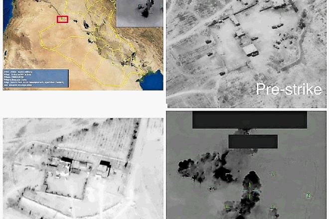 Kombinacija posnetkov letalskega napada na objekte, ki jih je ameriška vojska označila za oporišča Hezbolahove milice pri...
