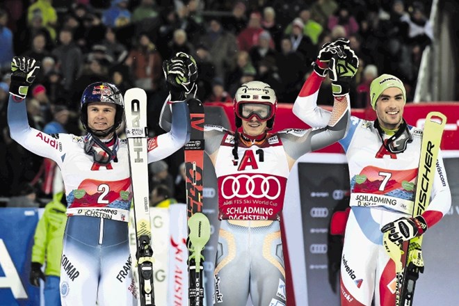 Slalomski velemojstri Alexis Pinturault, Henrik Kristoffersen in Daniel Yule (od leve) so bili ob Clementu Noëlu junaki...