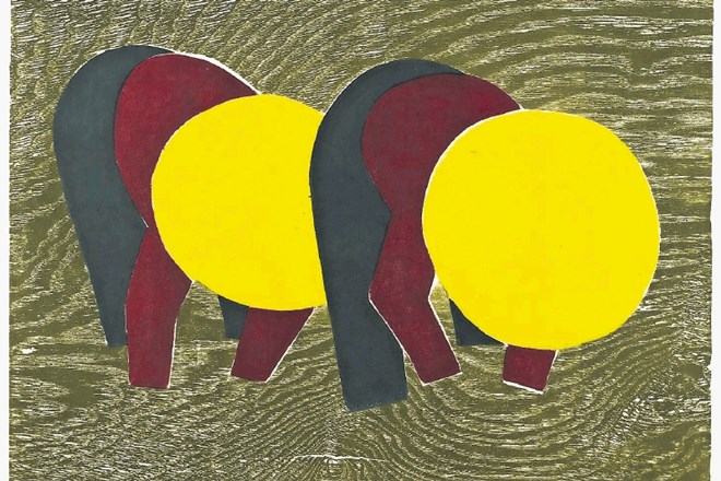 Bojan Golija: Delo  na riževem polju; barvni lesorez in linorez na papirju, 1959