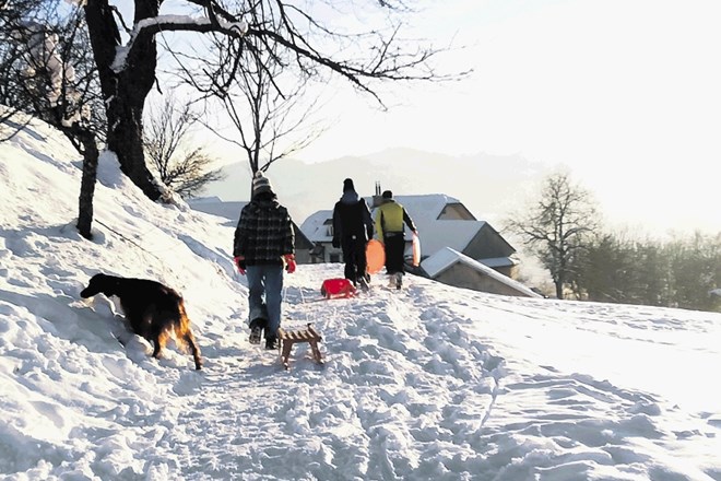Pravi snežni živžav razveseljuje tudi v hribih nad Polhovim Gradcem, do koder pa se je treba odpraviti peš.