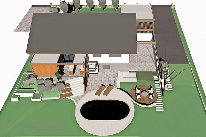 Vizualizacija JZ bivalnega vrta z letno kuhinjo in domačim kopališčem.